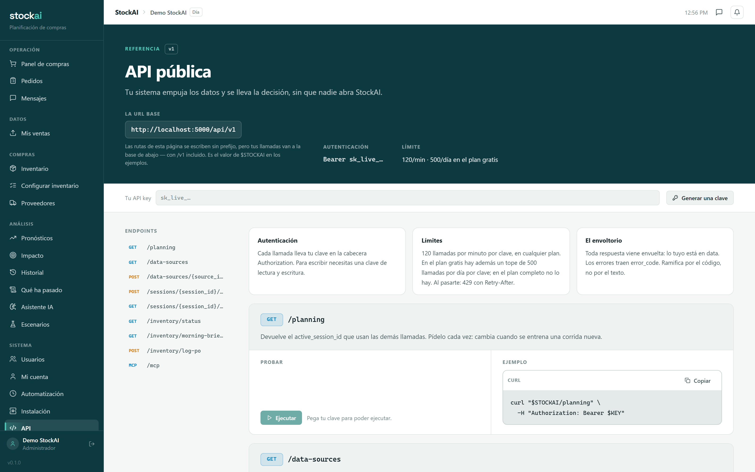 La pantalla API de StockAI con la URL base, el campo para la llave y la lista de llamadas