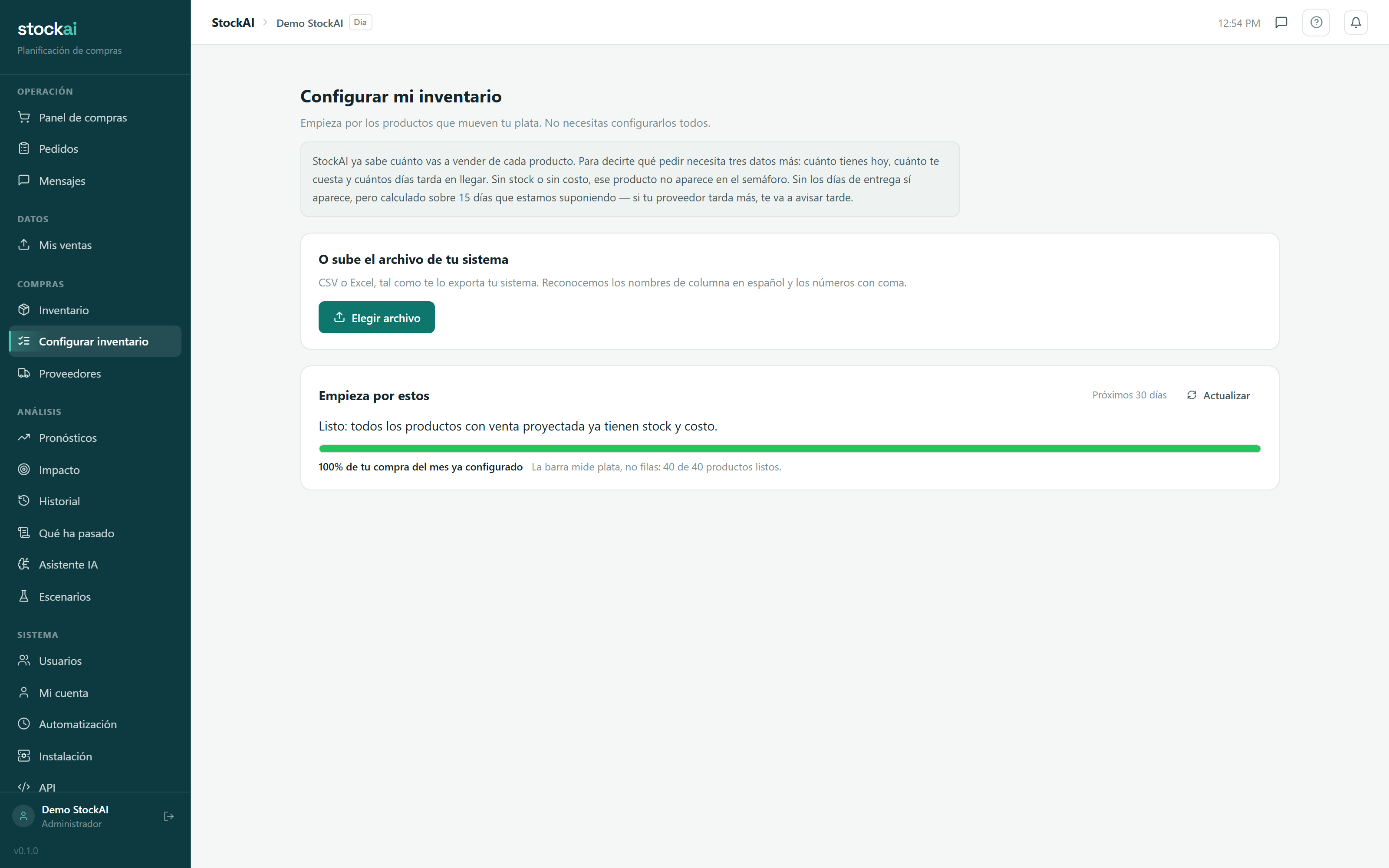 Pantalla de configuración de inventario de StockAI, explicando qué pasa si falta el stock, el costo o los días de entrega de un producto.