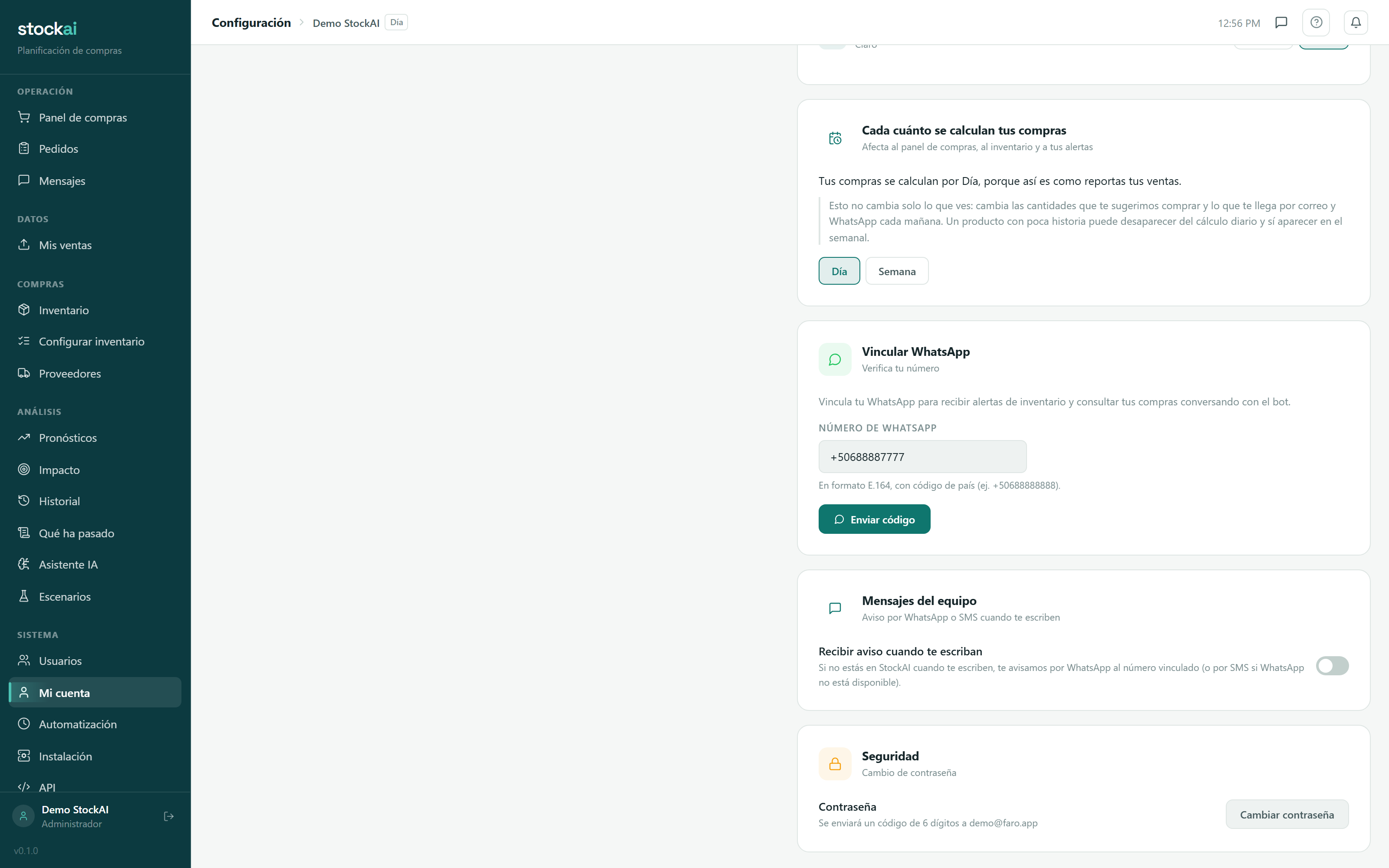 Pantalla de cuenta de StockAI mostrando el plan, el uso contra cada límite y las formas de contactarnos para ampliarlo.