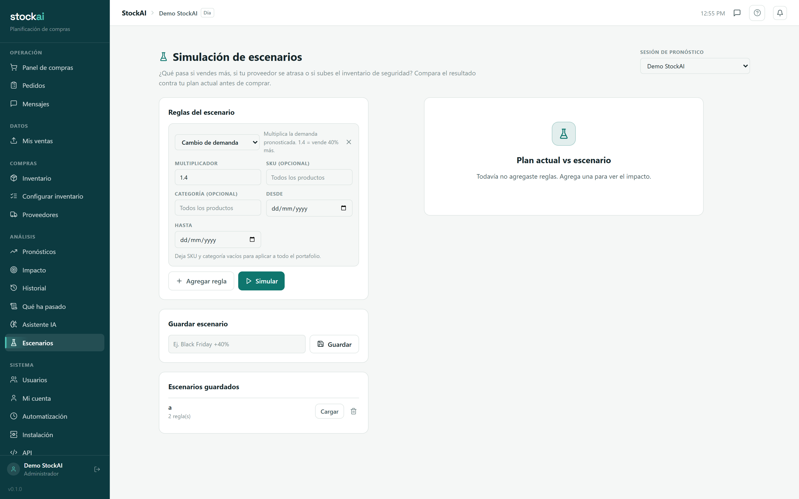 Simulador de escenarios de StockAI comparando el plan actual contra un escenario de mayor demanda, producto por producto.