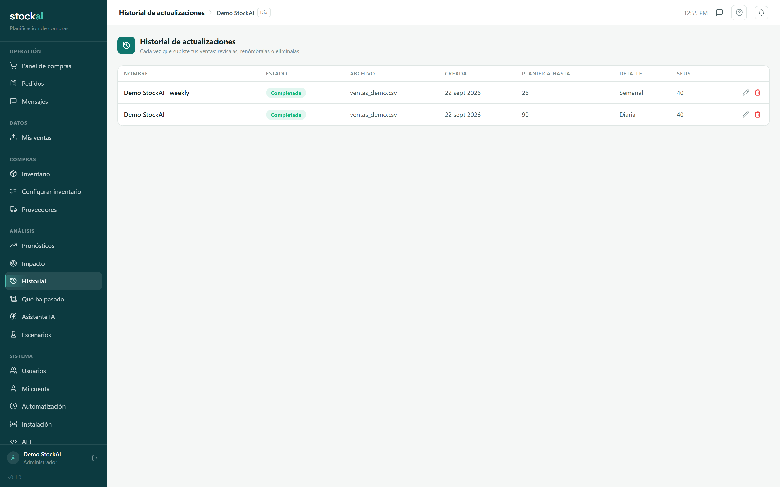 Historial de sesiones de pronóstico de StockAI, con la sesión activa y las anteriores.