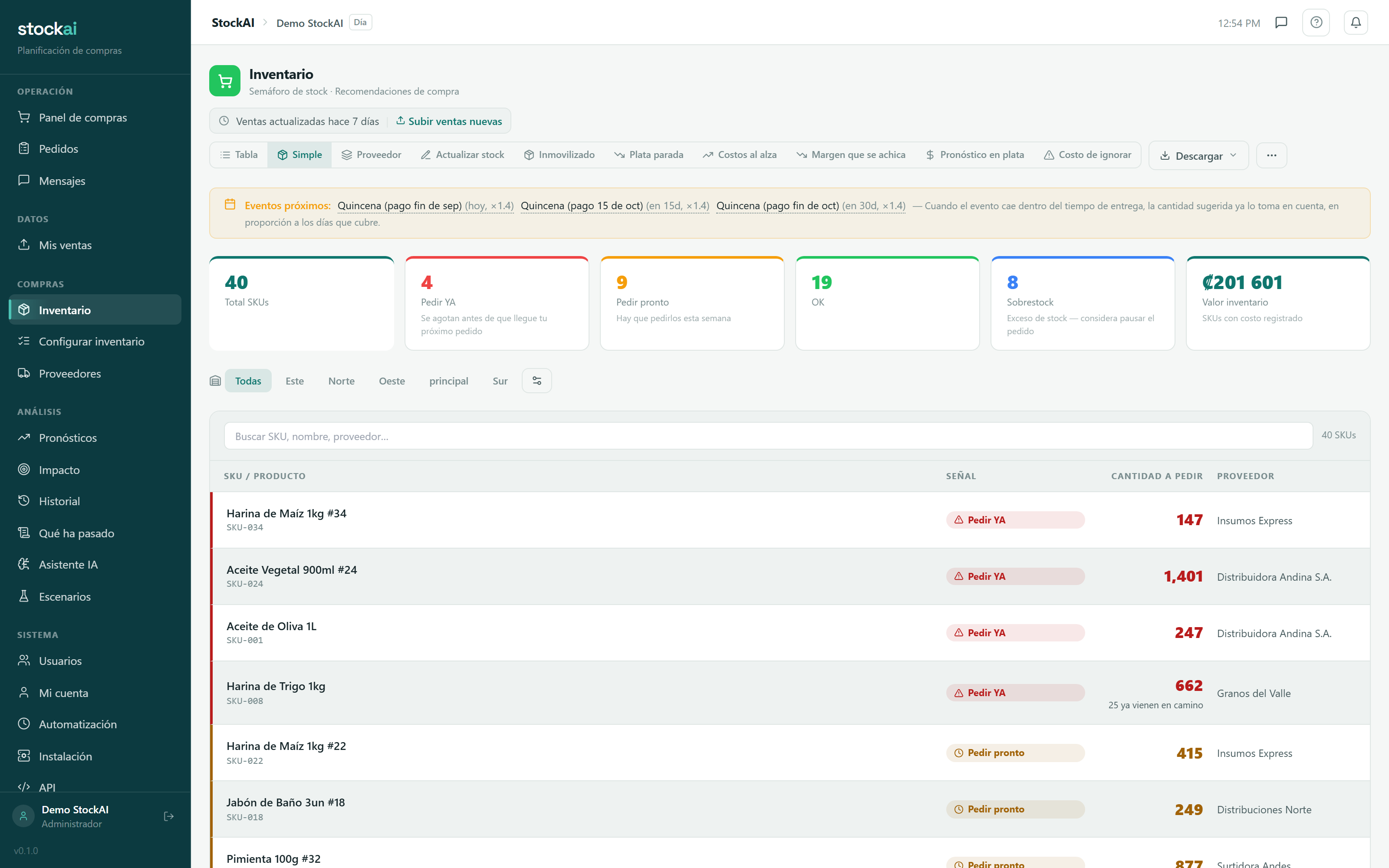 Tabla de inventario de StockAI con semáforo de colores por SKU y bodega, la cantidad a pedir y el proveedor de cada producto.