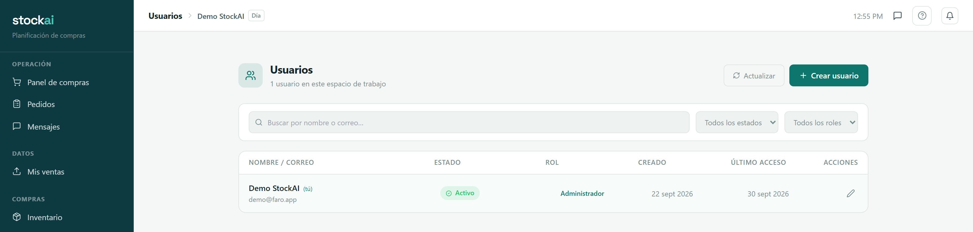 Pantalla de usuarios de StockAI con los roles administrador, analista y solo lectura.